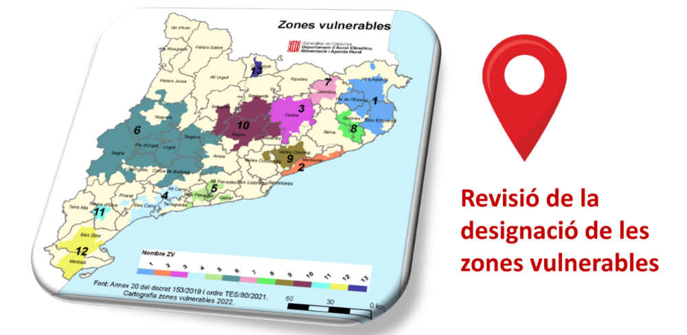 Mapa de les zones vulnerables a la contaminació per nitrats a Catalunya, actualitzat amb la revisió de l'abril de 2026